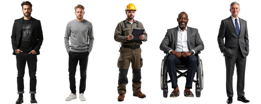 Diverse business team cutout featuring creative, tech, and executive professionals, including person in wheelchair. Isolated on transparent background. Ideal for corporate marketing, team pages,