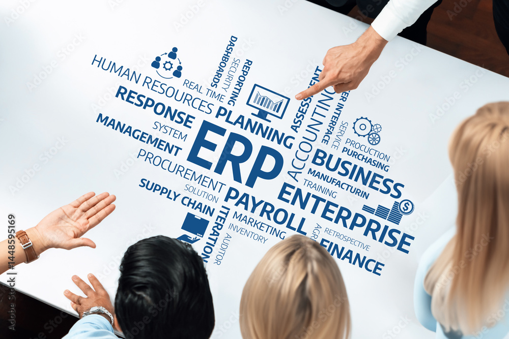 Poster a vibrant scene showcasing a group engaged in collaborative business planning around an erp concept.