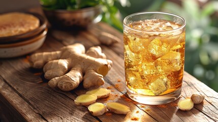 Refreshing ginger beer in a rustic setting captures the essence of summer vibes and natural ingredients
