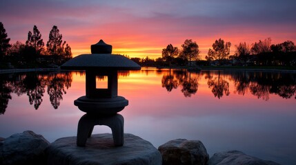 Serene Sunset Japanese Garden Stone Lantern - Tranquil sunset scene, reflecting in calm water, featuring a stone lantern, symbolizing peace, serenity, nature, reflection, and spirituality