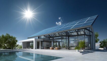 The roof of this house is fitted with solar panels, providing a clean and sustainable source of energy at home, as depicted in stock images