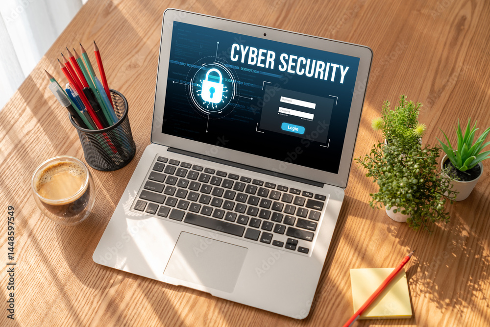 Poster cyber security system on computer screen protect private information snugly from hacker and cyber at