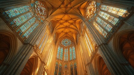 Interior view of a magnificent cathedral, illuminated by stained glass.