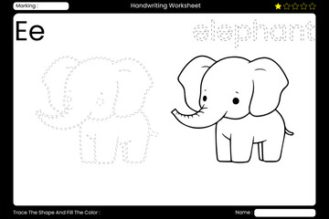 Trace Letter E. Adorable Elephant Coloring Page for Kids. Printable Vocabulary Builder. Educational Vector Worksheet