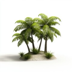 Obraz premium Tropical palm trees oasis on a small island with lush green foliage and bright white background showcasing a serene and inviting tropical paradise in high definition