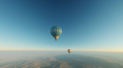 Two hot air balloons fly in a clear blue sky above a hazy landscape, conveying a sense of adventure, freedom, and travel