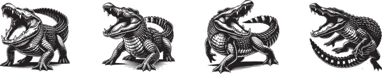set of aggressive Crocodile alligator silhouette vector illustration