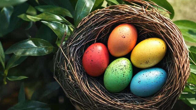 Colorful eggs in nest display vivid springtime transformation amidst lush greenery