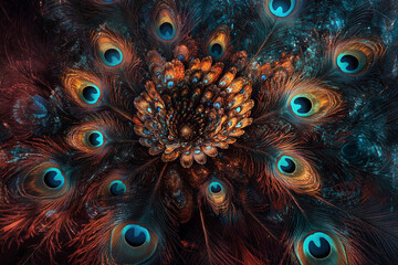 Close-up of peacock feathers, rich brown and teal hues, arranged in a circular pattern creating a floral design, symbolizing beauty, elegance, and luxury