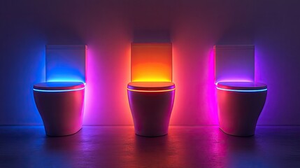 Three toilets with colorful neon lights behind them, in a modern bathroom.