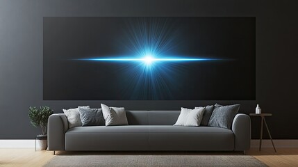 Modern living room with large abstract light artwork above gray sofa.