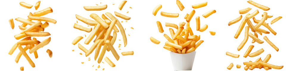Golden French fries floating from top to bottom in mid-air, isolated on a transparent background