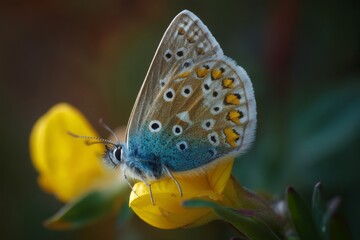 Obraz premium Biodiversity of insects on a flower includes a common blue butterfly, a flying bee, and a shield bug resting on a Rudbeckia