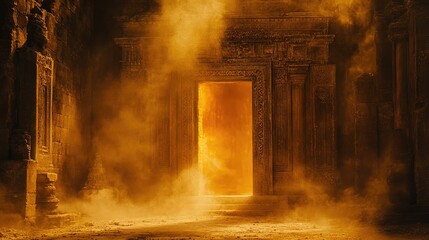 Ancient Ruins, Golden Light, Mysterious Doorway