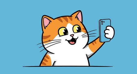 Fototapeta premium Chatty Cat's Selfie: A vibrant cartoon illustration of a cheerful orange tabby cat joyfully capturing a selfie using a sleek smartphone, its playful expression radiates joy.