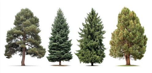 A collection of tall pine trees stands alone on a white background