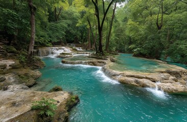 Obraz premium Erawan waterfall, located in Erawan National Park in Kanchanaburi, Thailand, is a beautiful waterfall surrounded by deep forest and illuminated by sunlight rays