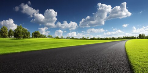 A deserted highway with asphalt road and a stunning sky set amidst a lush green landscape park