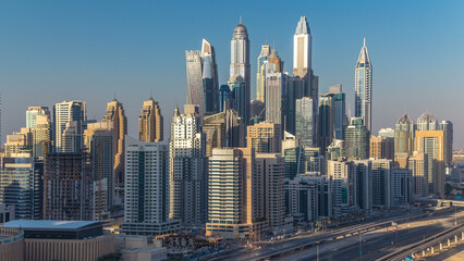 Dubai Marina towers during sunset aerial timelapse, United Arab Emirates
