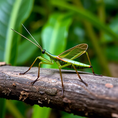 Amazing and unique wildlife katydid found on deep jungle forest in Sabah, Borneo