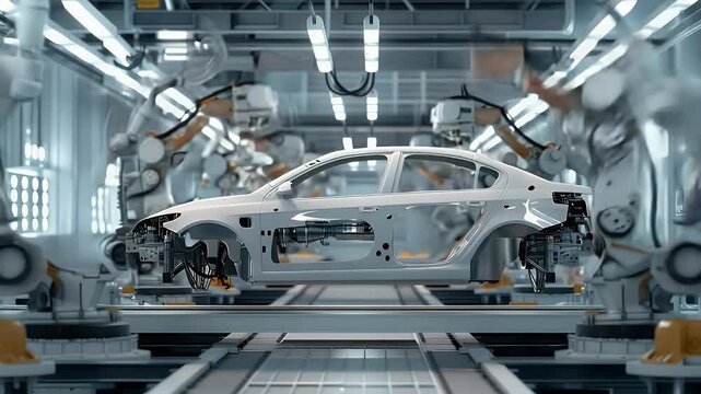 Robotic arms precisely welding and assembling electric vehicle chassis on advanced automated manufacturing production line, showcasing cutting edge automotive technology and industrial innovation