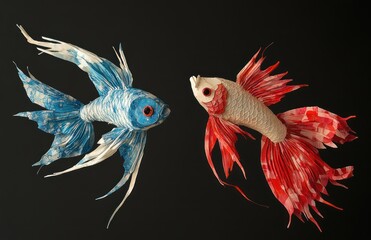 Paper Fish Artwork, Two Artistic Fish, Black Background, Art Decoration, Possible Use