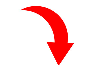 bold red curved downward arrow indicating direction decline or navigational guidance with dynamic movement isolated background.