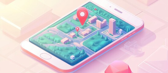 A smartphone with a map app open, showing a city map with a red location pin.