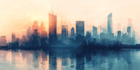 Obraz premium Stylized cityscape at sunrise, reflected in calm water, evokes tranquility and urban serenity, ideal for modern design or background