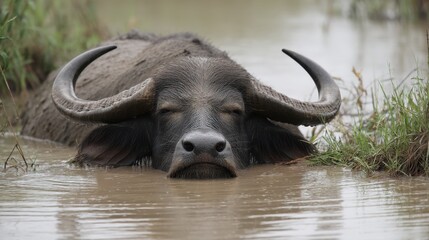 Obraz premium Serene Buffalo: A Moment of Peace in the Water