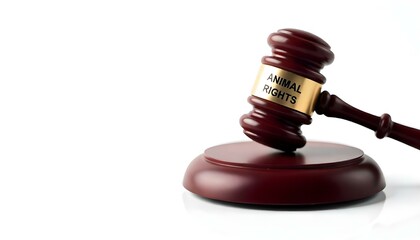 panoramic shot of judge gavel and animal rights inscription on white background