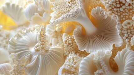 Ethereal ivory fungi cluster macro capture showcasing intricate details delicate textures and soft light creating a dreamy surreal organic natural background