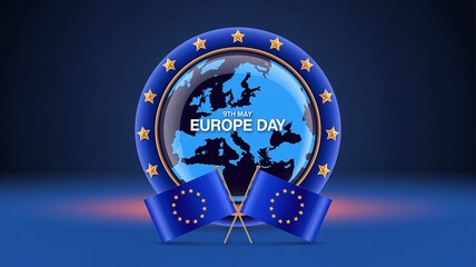 European continent map surrounded by golden stars and waving blue flags.