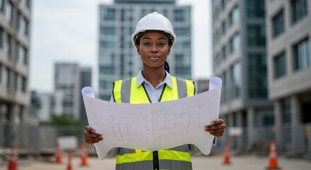 Black female engineer reviewing blurred blueprint on site