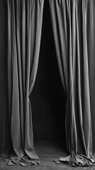 Dark gray curtains parted revealing a black background, studio backdrop
