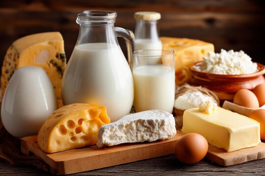 A variety of dairy products are displayed on a rustic wooden table. Milk in a glass and jug sits alongside different types of cheese, butter, and eggs, showcasing freshness and abundance