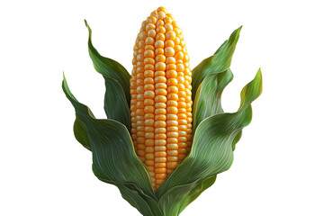Corn cob with green leaves, isolated on white transparent background, concept of agriculture and healthy food.