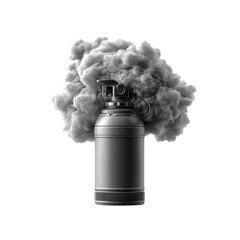 A sleek fire extinguisher emits a dramatic cloud of smoke.