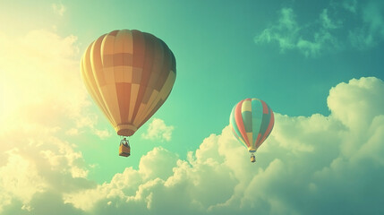 Fototapeta premium Two hot air balloons soar amidst fluffy clouds under a sunny sky, representing freedom, adventure, and a sense of wonder