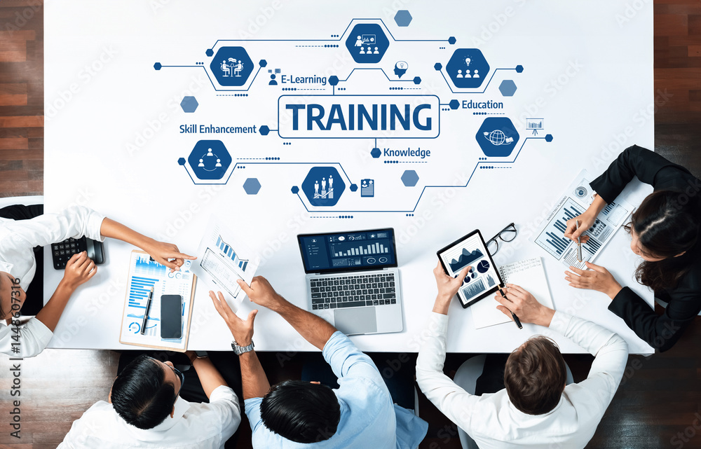 Fototapete a diverse business team engages in training and education strategy discussions in a modern workspace