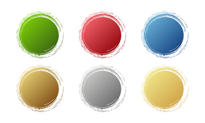  Set of colorful round brush stroke shapes in red, green, blue, gold, silver, and yellow, perfect for logo elements, labels, stickers, badges, decorative icons, and modern design templates