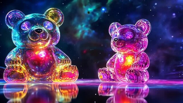 Vibrant cosmic teddy bears in a colorful galactic dance