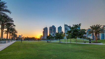 The high-rise district of Doha timelapse at sunset