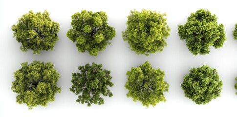 A set of 3D top view green trees isolated on transparent PNG backgrounds is available for use in architectural design visualization or garden decoration