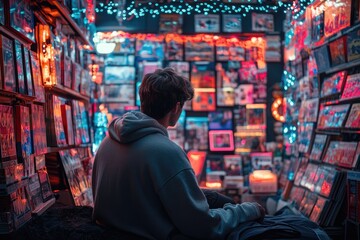 A person is sitting in a store looking at items