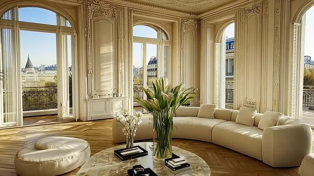 Elegant Parisian apartment interior with arched windows, plush seating, and a marble coffee table