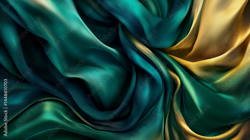Poster abstract image of teal and gold silk fabric, elegantly draped, showcasing luxurious texture and smoo