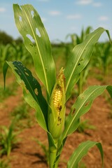 Fototapeta premium Maize plant with visible damage from caterpillar feeding