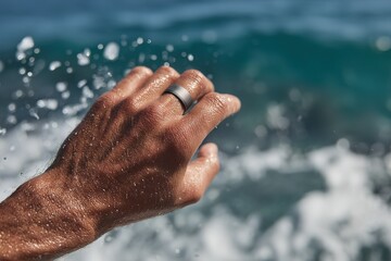 Hand reaches toward splashing waves by the ocean on a sunny day creating a moment of connection with nature