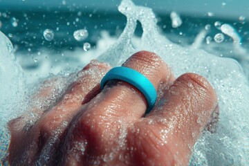 Fototapeta premium Hand wearing a blue ring splashes through ocean waves on a sunny day by the beach